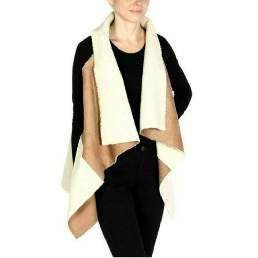 NWT Ellie & Kate Cozy Contrast Faux Sherpa Suede Open Front Vest